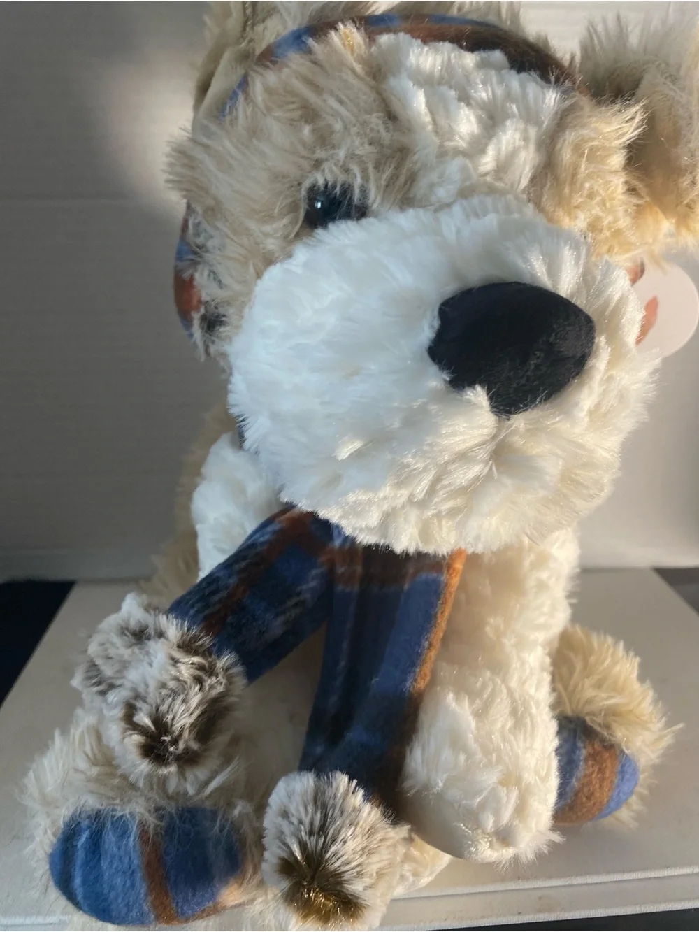 Plush Dog Toy with Blue and Brown Striped Scarf - Brand Unspecified